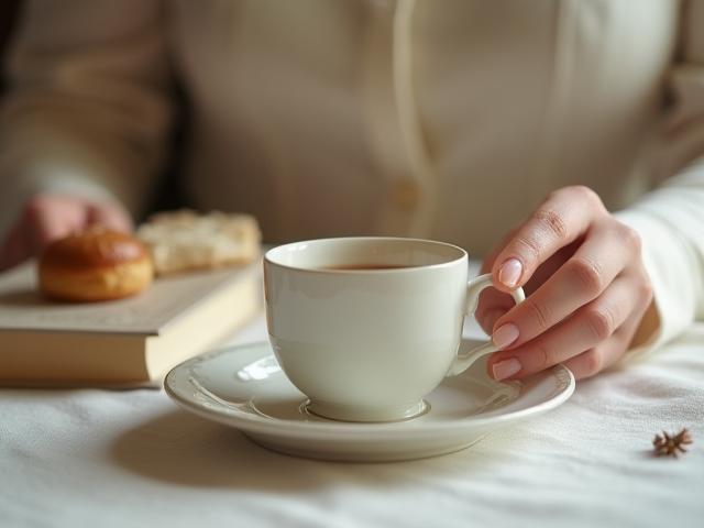 Elegant hands holding a teacup, symbolizing politeness.