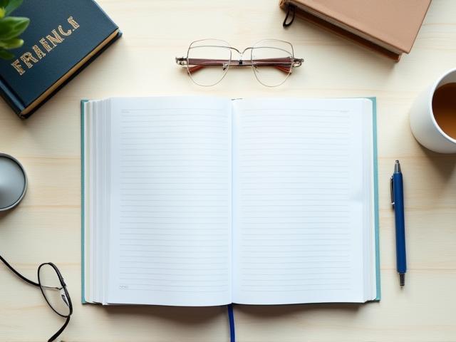 Open French language textbook on a desk.