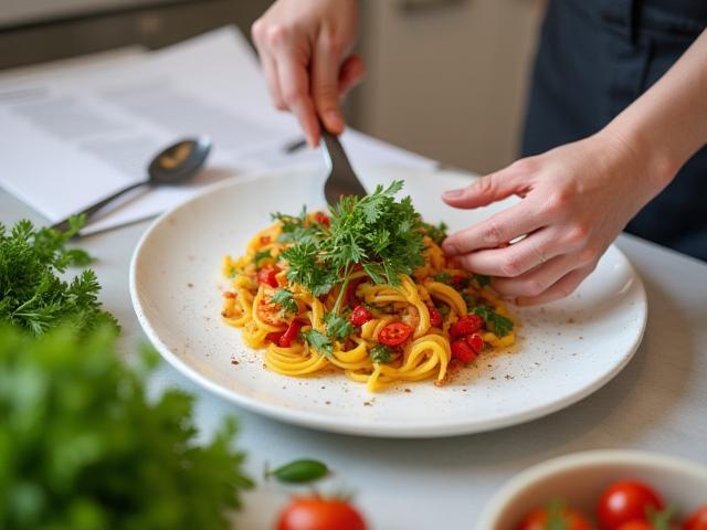 Hands preparing a healthy French dish in a cooking class.