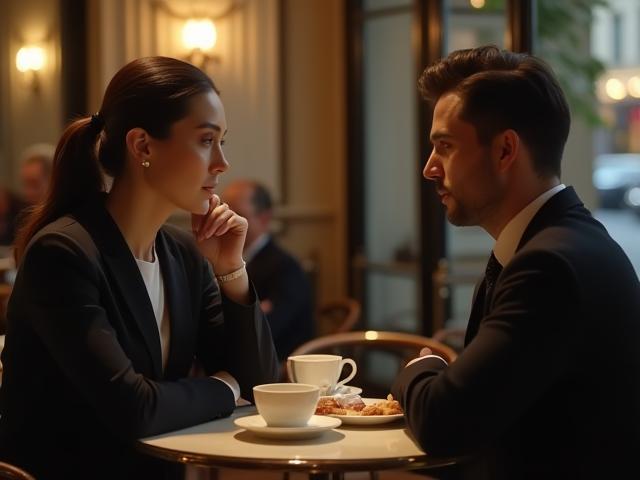 Two people having a refined conversation over coffee in a Parisian café.