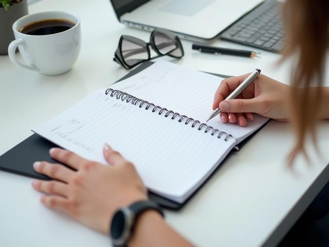 Person organizing tasks with a planner and coffee.