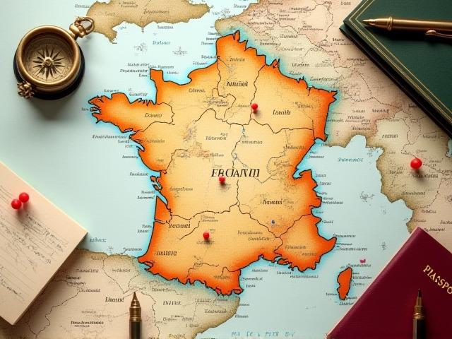 A map of France with travel notes and a compass.